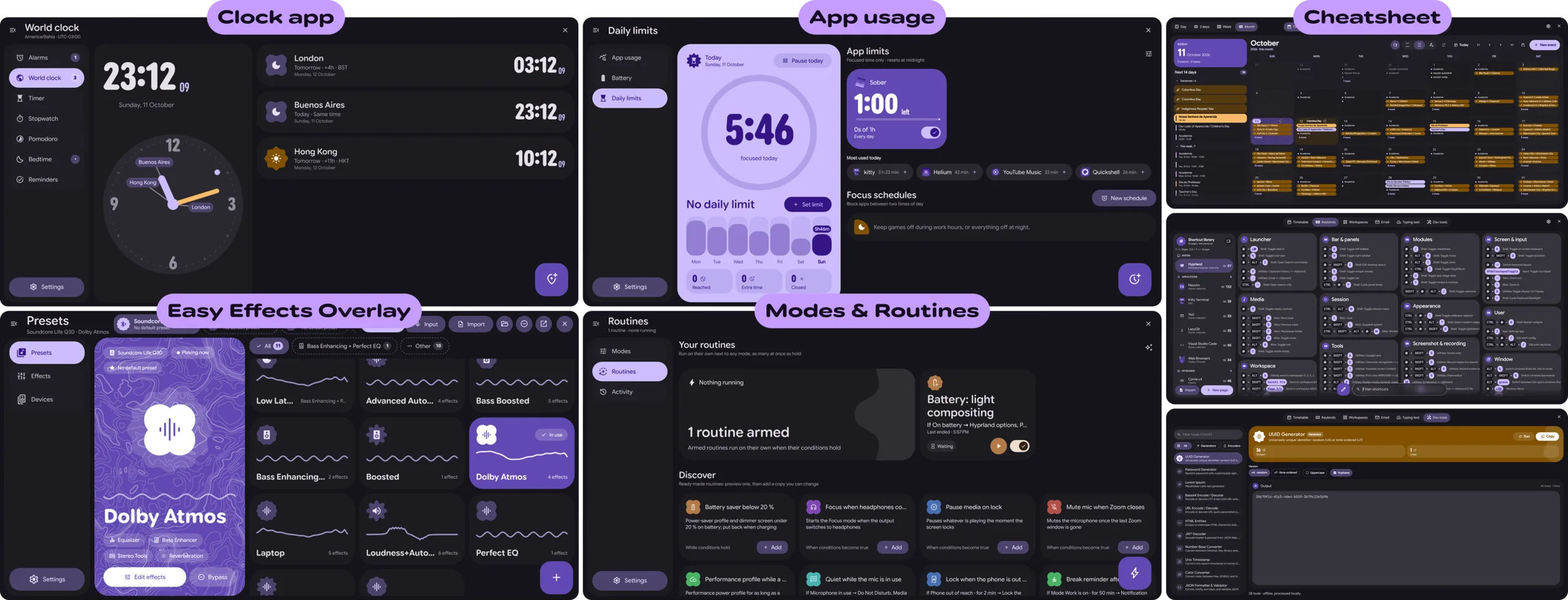 Built-in apps: Clock with world clocks, App usage with daily limits, the Cheatsheet's timetable, keybinds and typing test, EasyEffects presets and Modes & Routines.