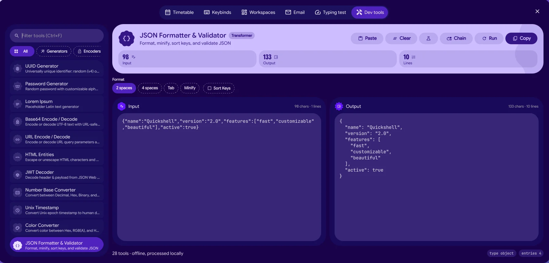 The Cheatsheet's Dev tools tab: a tool rail on the left and the JSON formatter and validator with input and output panes.